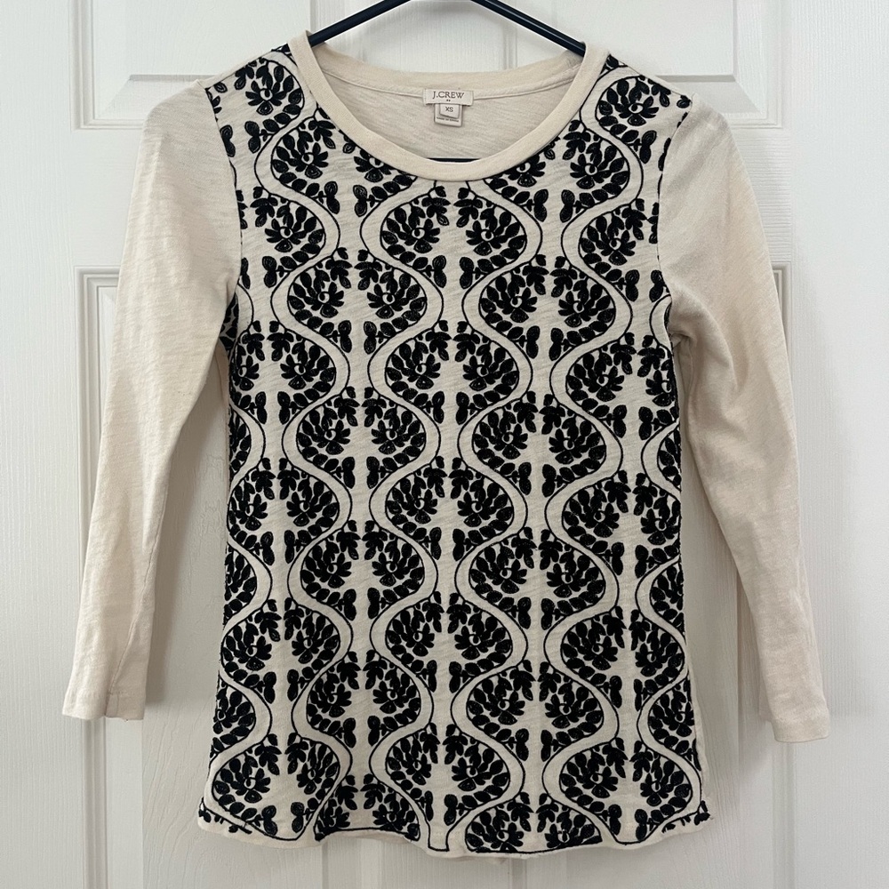 J.Crew Black and Cream Embroidered Long Sleeve Top